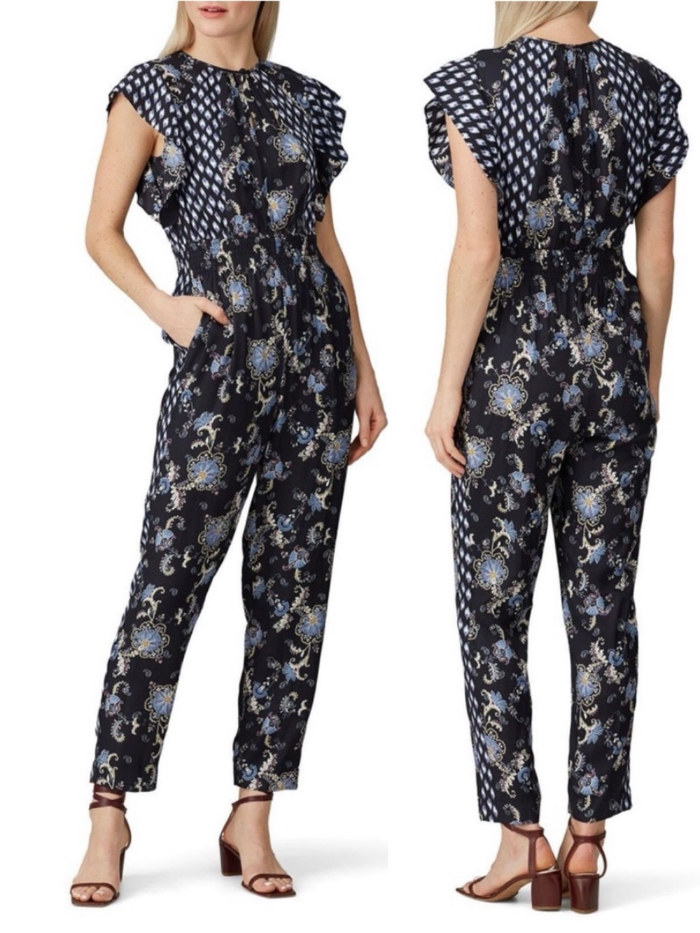 Rebecca Taylor Silk Blend Paisley Print Flutter-Sleeve Jumpsuit